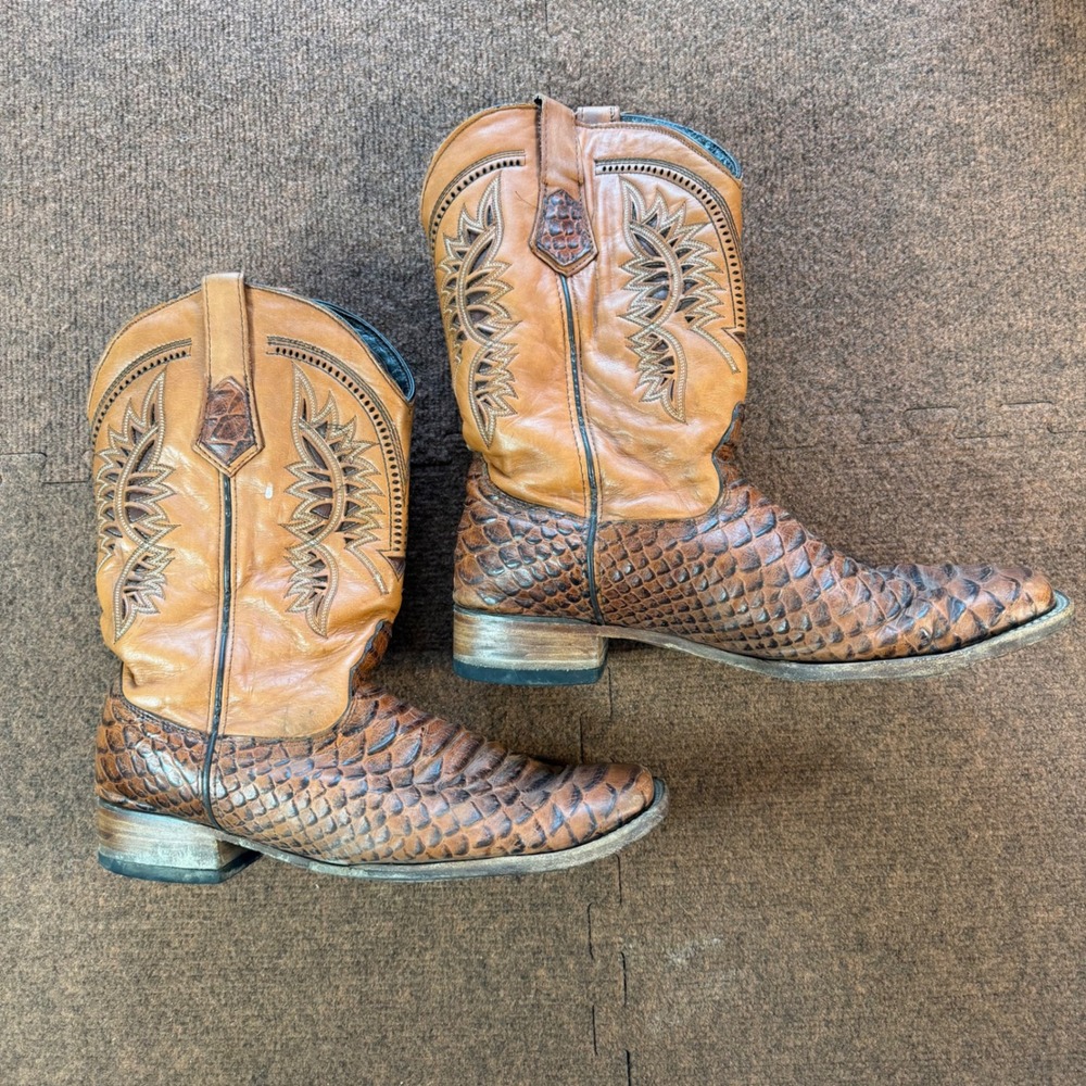 Texas Legacy Mens Cognac Leather Fish Scale Print Western Cowboy Boots Size 14